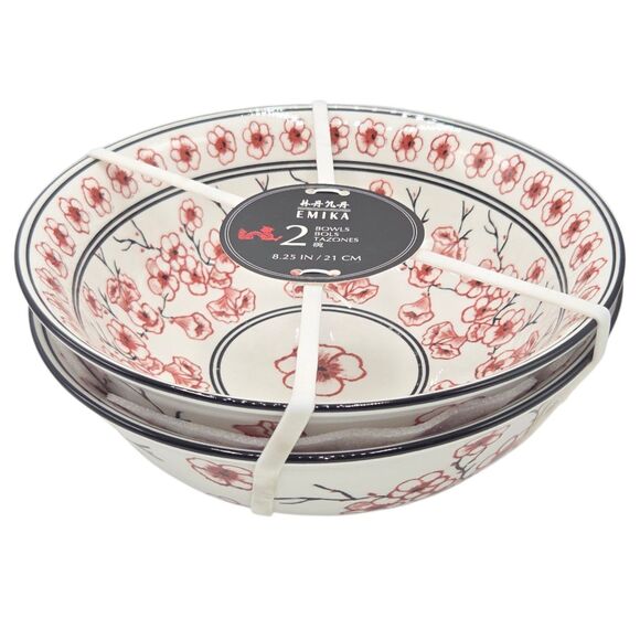 Emika Floral 8.25in Asian Ceramic Ramen Noodle Bowl Set Of 2pc White Dusty Rose - Picture 12 of 13